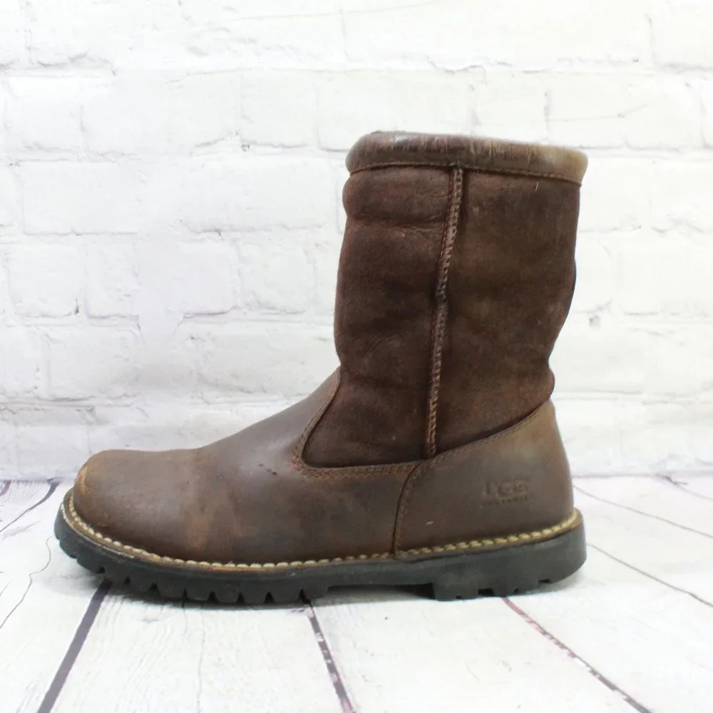 UGG Brown Leather Suede Sheepskin Lined Winter Boots Size 10 - Picture 1 of 9